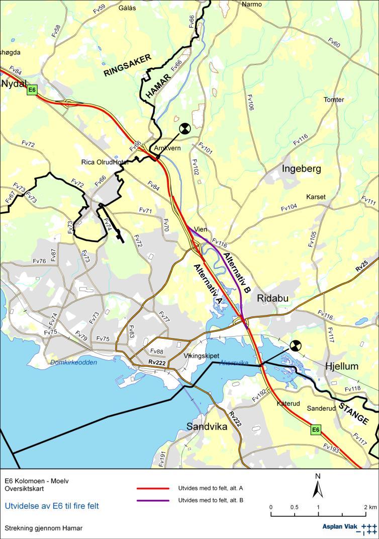 All utvidelse fra tre til fire felt skjer derfor mot øst. Alle eksisterende krysninger av E6 opprettholdes, men overgangsbru ved Jønsberg fjernes og erstattes av en undergang i samme området.