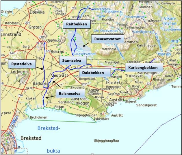 Figur 2: Oversikt over Balsnesvassdraget (Bergan, 2015) Landbruket i Ørland og Bjugn er forskjellig. I Ørland dominerer husdyrproduksjonen av melk- og kjøttproduksjon.