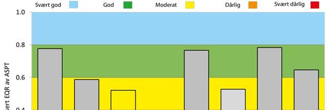 Stasjonen i Vrangselva havnet i moderat tilstand, men marginalt under grenseverdien for god tilstand, mens stasjonene i Børjåa (usikker), Sloa og