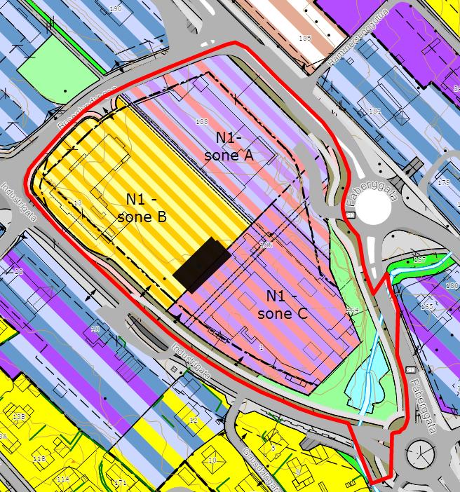 Området er i dag regulert til kombinert formål i sone A, B og C som vist i plankart nedenfor. Gjeldende reguleringsplan for Rosenlund Bydelssenter PLANLAGTE ENDRINGER: 1.