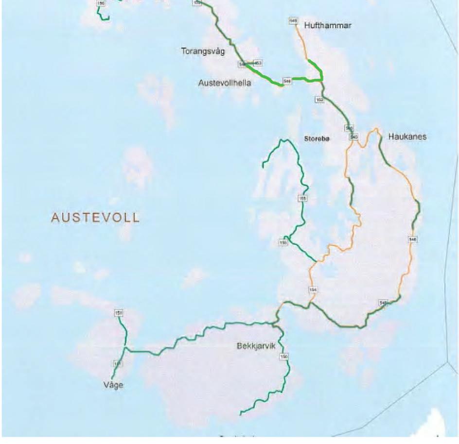 Frå bustadfelt Austevollshella og fram til sentrum stasjon/busstasjon v/gamle Shell tomten byggegrense 15 frå veg.