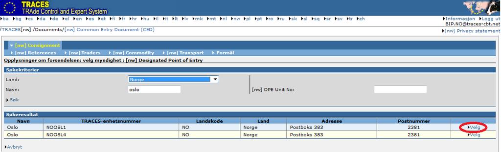 Klikk på Velg utenfor det ønskede søkeresultat. Informasjonen overføres deretter automatisk til CED. Eksempel: Nedenfor ser du siden References.