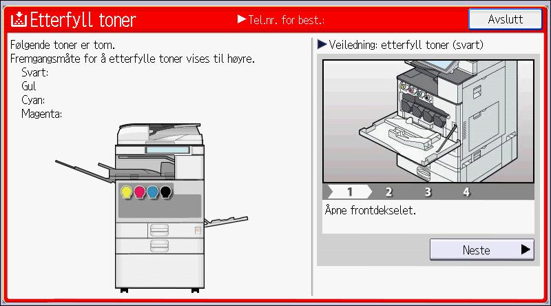 Etterfylle toner Unngå å få toner (ny eller brukt) på huden når du fjerner papir som har satt seg fast eller bytter toner. Hvis du får toner på huden, vasker du området grundig med såpe og vann.