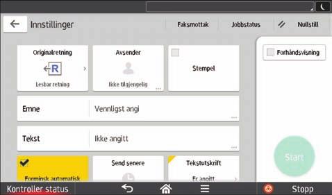 2. Komme i gang Nr. Ikon Beskrivelse 3 4 Trykk for å velge oppløsning i henhold til størrelsen på teksten i originalen. Trykk for å angi intensitet for skanning av originalen.