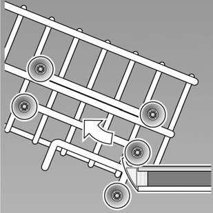 Oppvasken no Knivhylle *Knivhylle * alt etter modell Lange kniver og andre gjenstander kan legges inn i vannrett stilling. Overkurv med spaker på sidene 1. Trekk overkurven 1* ut. 2.