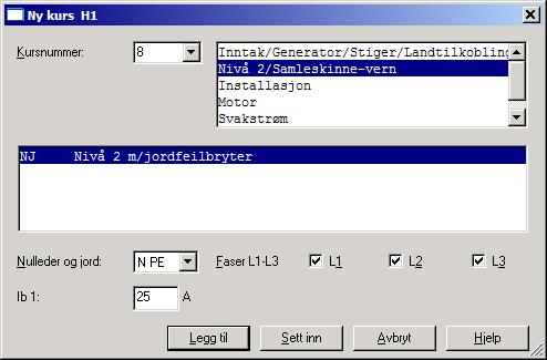 DDS-CAD 9 FP Automasjon 101 3 4 5 4) Velg kurs: Nivå 2 m/jordfeilbryter. Velg alle tre faser, N/PE, størrelsen i dette tilfellet skal være 25A. 5) Trykk [Sett inn] og aksepter teksten.