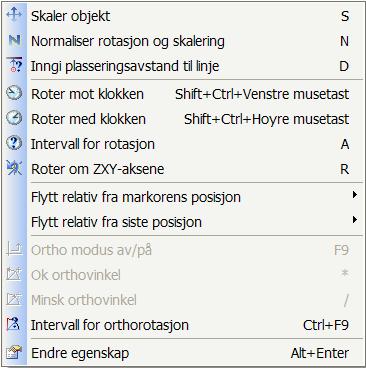 Hurtigmenyer Når en kommando er valgt finnes en rekke ulike valg for denne. (Har vi f.eks.