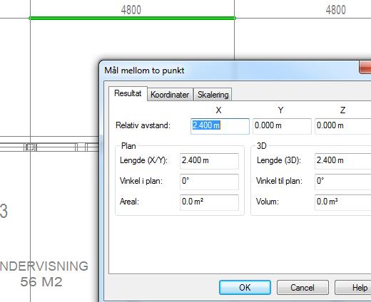 DDS-CAD 9 FP Sette inn dwg-fil 29 Den målte avstanden vises i meter i ovenstående dialog. Her viser lengden 2.400 m, mens målsetting viser 4.8m.