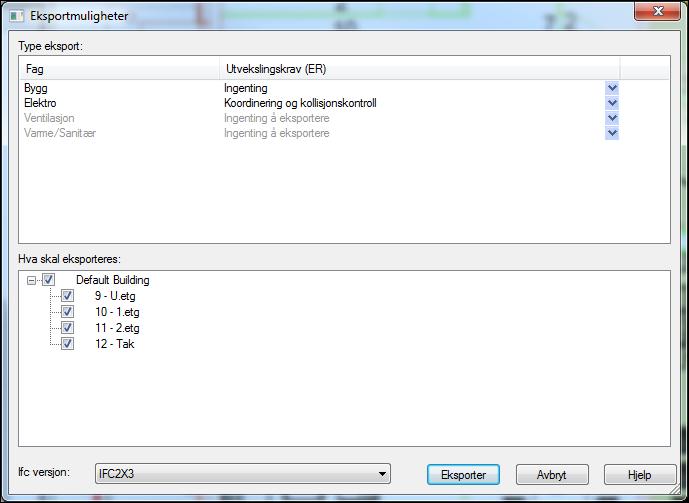 38 Import/eksport av ifc DDS-CAD 9 FP For å ikke eksportere et av disiplinene som er aktive, i dette tilfellet Bygg, må du markere dennes linje i feltet øverst og deretter klikke en gang i kolonnen