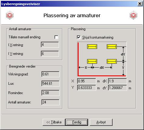 DDS-CAD 9 FP Installasjon 67 Trykk [Ferdig] for å få armaturene plassert ut i modellen eller velg [Tilbake] for å endre på de tidligere gitte verdier.