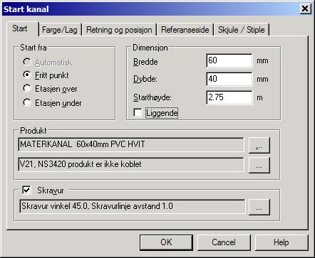 DDS-CAD 9 FP Installasjon 69 Velg hvor du vil starte fra Bredde, dybde og starthøyde Velg type kanal Velg skravur Velg her om det skal være liggende kanal Velg hvor kanalen skal startes oppe til