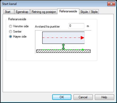 Skal høyre side av kanalen legges inntil punktene velger du Høyre side i fanen Referanseside. Referanse kan også endres mens en tegner ved å høyreklikke og velge i Endre referanseside i hurtigmenyen.