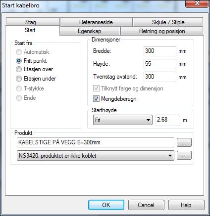 DDS-CAD 9 FP Installasjon 73 Velg type stag. Velg referanseside Bredde og høyde Starthøyde Velg type bro. Velg hvor du vil starte fra. Velg hvordan kabelbroen skal startes oppe til venstre.