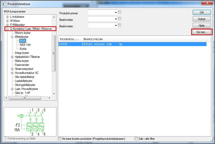 DDS-CAD 9 FP Automasjon 97 1 2) Velg [Endre] i dialog for komponenten. 3) Velg hovedgruppe Q-Kontaktor/Last-/Effekt-/Motorvernbryter til venstre og undergruppe Effektbryter i produktdatabasen.
