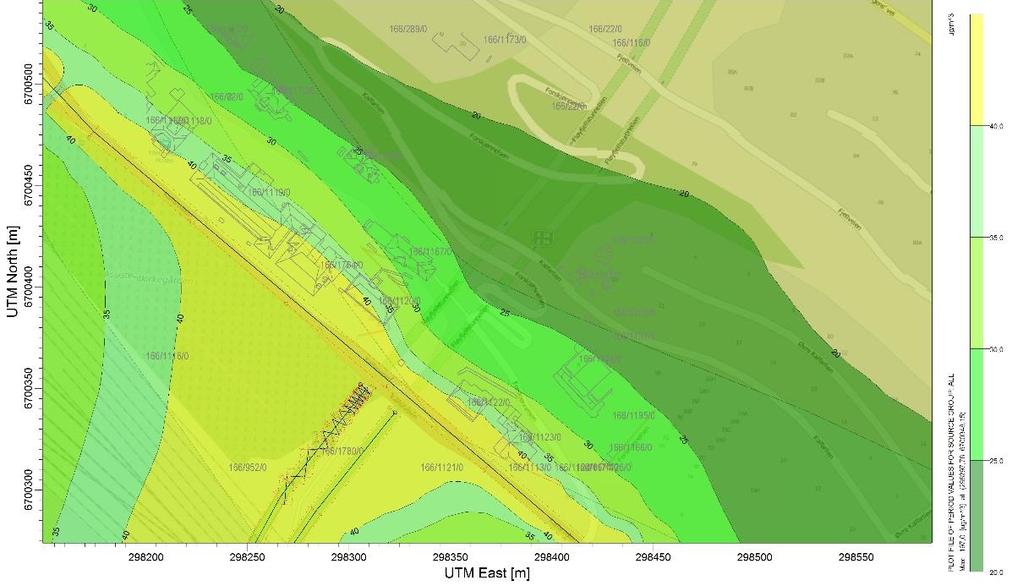 Figur 2 Spredningsberegninger av vintermiddel NO2. Kalfarveien 20/Forskjønnelsen 4 kan ses med sort omriss.