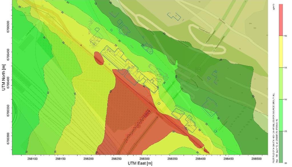 Figur 3 Spredningsberegninger av svevestøv, PM10. Kalfarveien 20/Forskjønnelsen 4 kan ses med sort omriss.