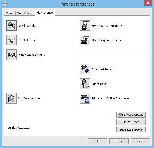 Nettverkstjeneste og programvareinformasjon Kategorien Vedlikehold Du kan utføre vedlikeholdsfunksjoner, slik som dysekontroll og rengjøring av skriverhodet, og hvis du starter EPSON Status Monitor 3
