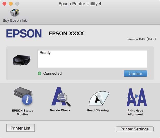 Nettverkstjeneste og programvareinformasjon På Mac OS X v10.8.x eller nyere hvis menyen Utskriftsinnstillinger ikke vises, betyr det at Epson-skriverdriveren ikke er riktig installert.