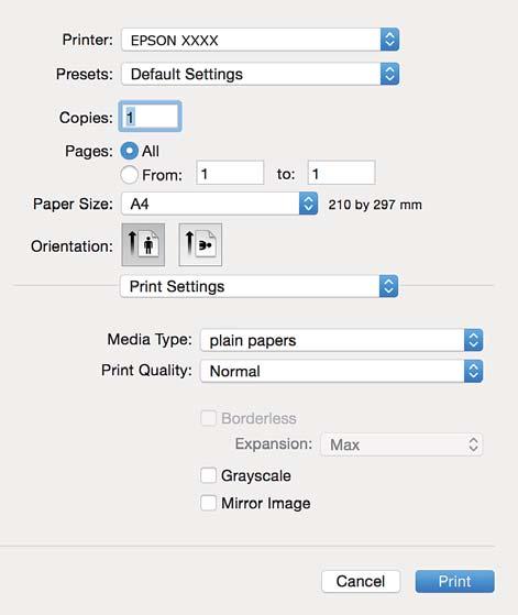 Utskrifter 5. Velg Utskriftsinnstillinger fra hurtigmenyen. På Mac OS X v10.8.x eller nyere hvis menyen Utskriftsinnstillinger ikke vises, betyr det at Epson-skriverdriveren ikke er riktig installert.