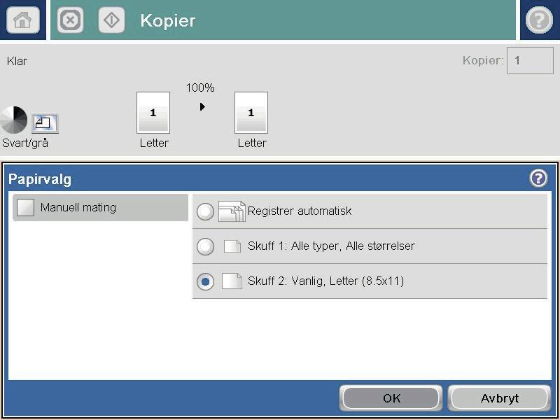 Angi papirstørrelsen og -typen for kopiering på spesialpapir 1. Trykk på Kopi-knappen fra startskjermbildet på produktets kontrollpanel. 2.