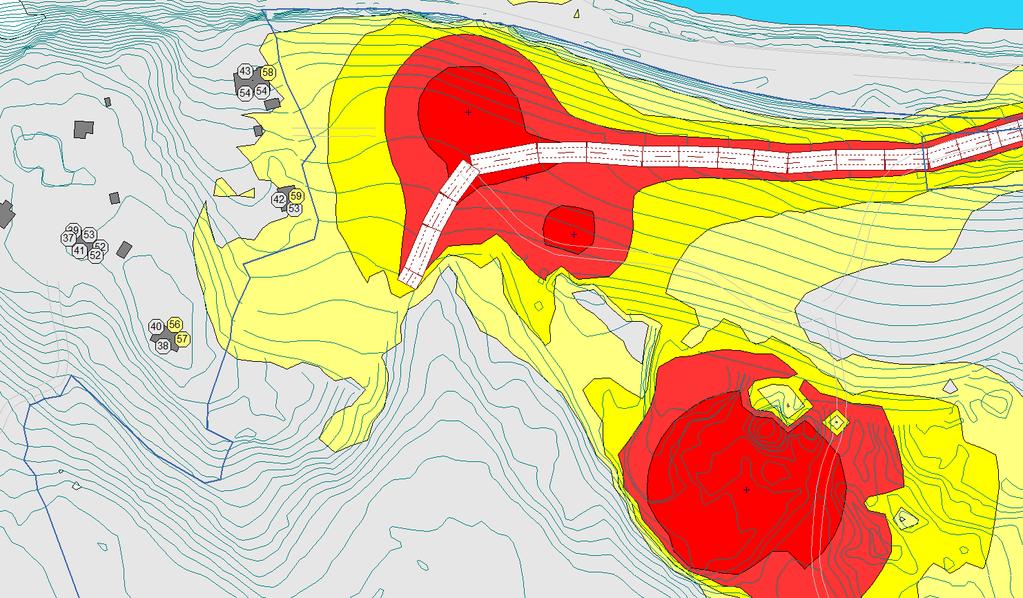 Figur 5 - Beregnet støynivå, L den, på uteoppholdsareal og ved fasade for nærmeste naboer. Beregningshøyde: 1,5 meter. 6.4 Fase 1B For Fase 1B er det beregnet to støysonekart.