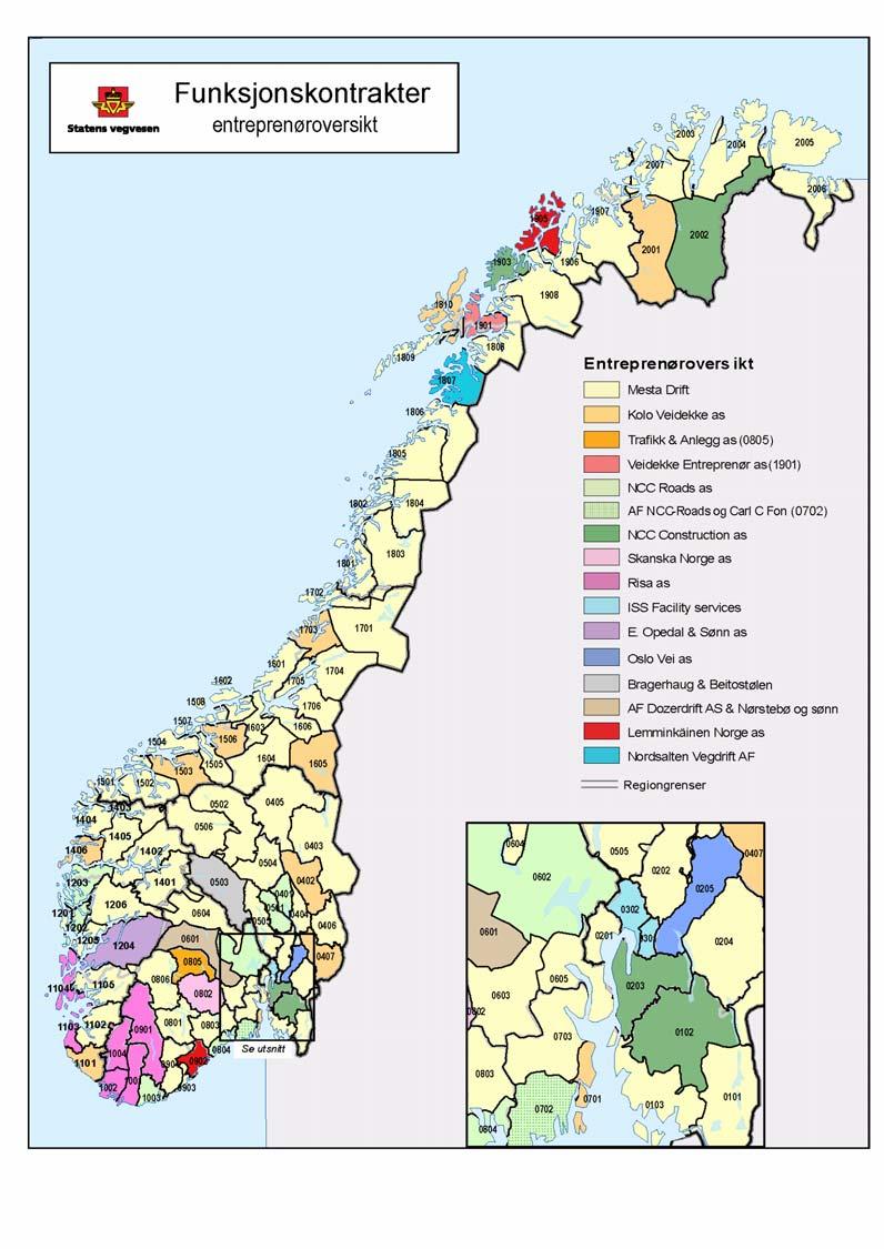 Ant. kontrakter Entreprenør (enkeltvis) per 1/9-08 105 Mesta as 64 Kolo veidekke 11 NCC Construction 4 NCC Roads 7 Risa as 6 ISS Facility Services 2 Lemminkäinen Norge as 2 Bragerhaug & Beitostølen 1