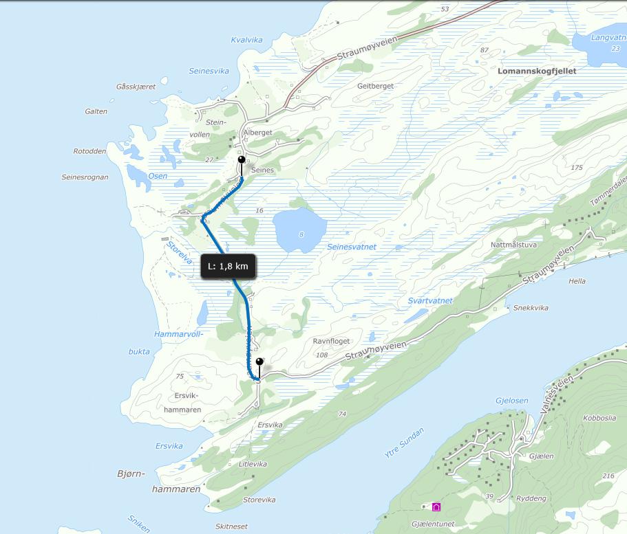 4 Sjøledning mellom Seivåg og Seines Dette alternativet ser i utgangspunktet gunstig ut, da det ikke er noen hus på strekningen mellom Seivåg og Seines.