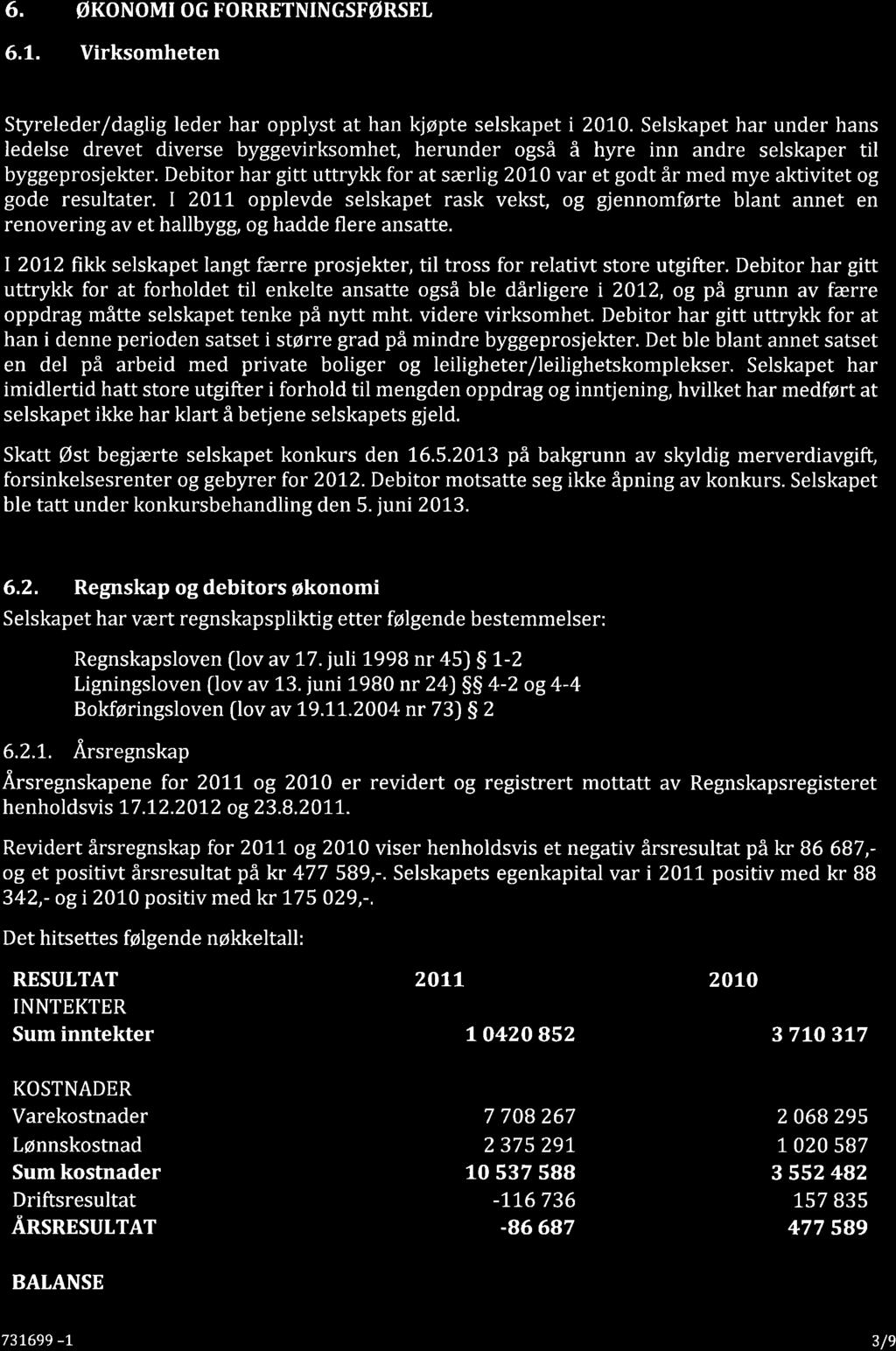 CRETTE 6. 6.1. økonomi OG FORRETNINGSFøRSEL Virksomheten Styreleder/daglig leder har opplyst at han kjøpte selskapet i 2070.