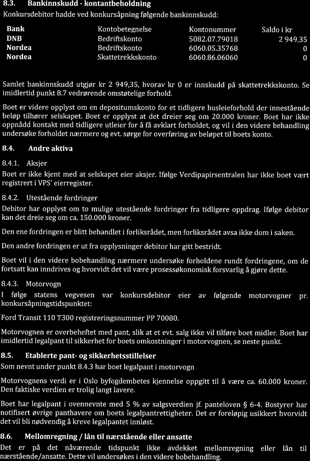 8.3. Bankinnskudd-kontantbeholdning Konkursdebitor hadde ved konkursåpning følgende bankinnskudd: Bank Kontobetegnelse Kontonummer Saldo i kr DNB Bedriftskonto 5082.07.