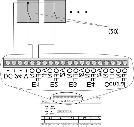 Bilde 7: Koblingseksempel for installasjonstaster uten lys Betjene to dimmestasjoner med en sensormodul eller tastsensormodul Sensormoduler eller tastsensormoduler kan betjene to dimmestasjoner