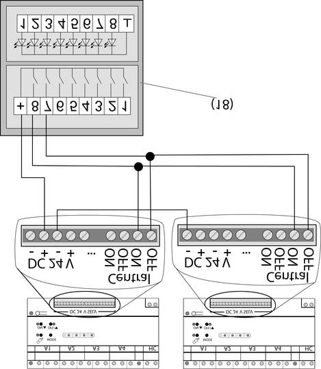 Bilde 9: Eksempel på tilkopling av tastsensor 24 V eller tastsensormodul 24 V til to dimmestasjoner Eksempel på tilkobling av sentralfunksjon.