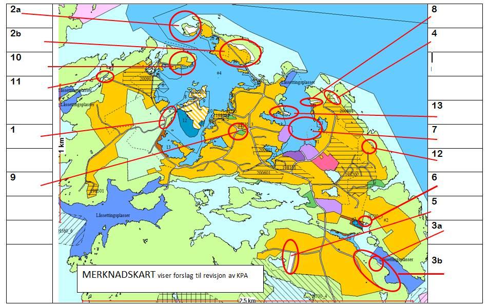 Side 8/11 Figur 2 Utsnitt av kommuneplanens arealdel. Forslag til endringar vist med rød merking, referanse til kommunen sin nummerering, tabell under med fylkesrådmannen sine merknader.