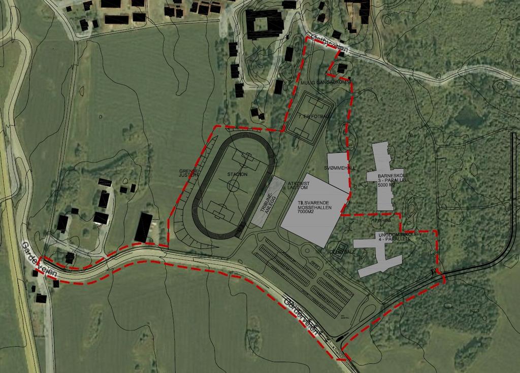 Figur 4.3 Foreløpig situasjonsplan med planavgrensning som rød stiplet linje.