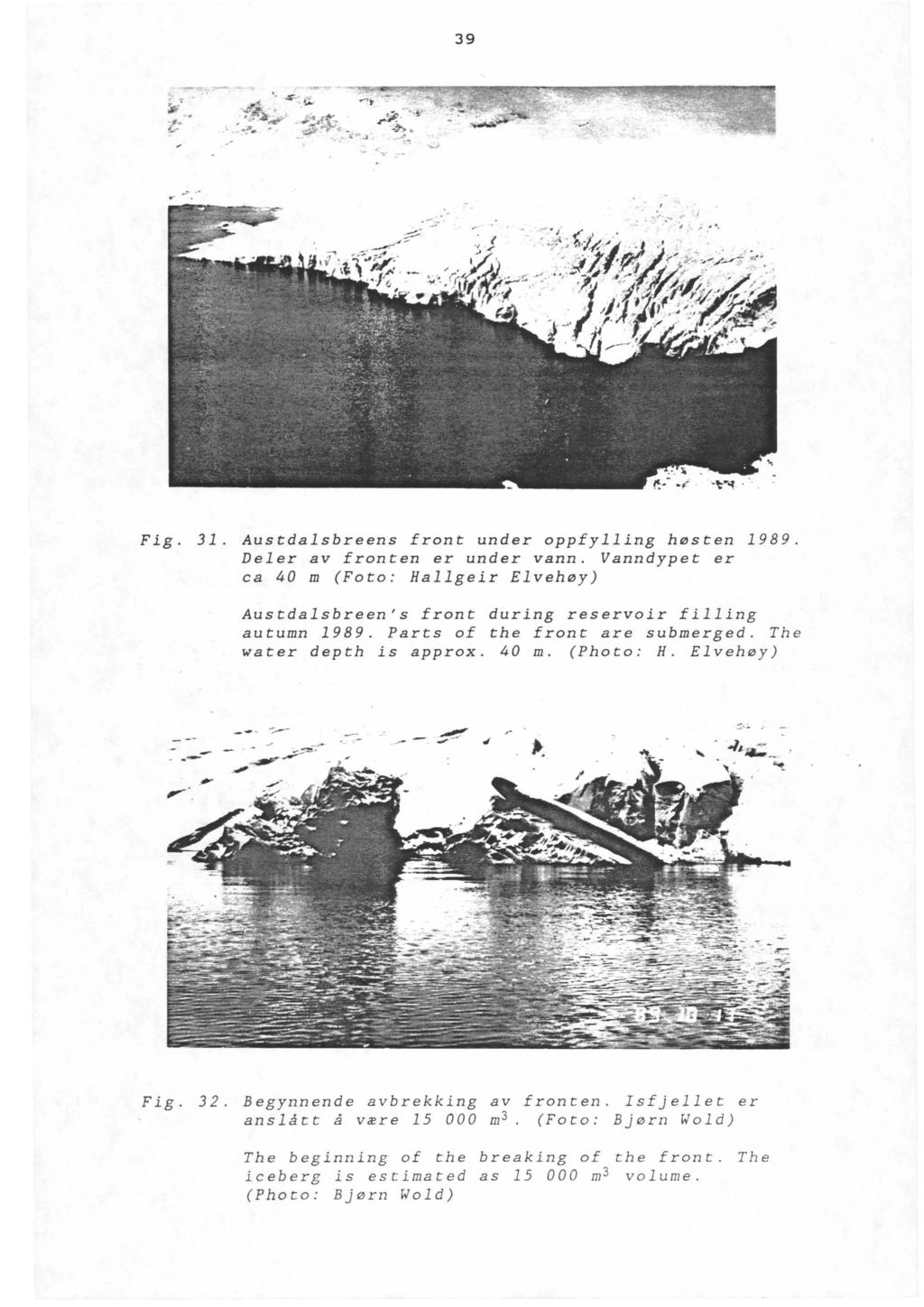 39 Fig. 31. Austdalsbreens front under oppfylling høsten 1989. Deler av fronten er under vann. Vanndypet er ca 40 m (Foto: Hallgeir Elvehøy) Austdalsbreen's front during reservoir filling autumn 1989.