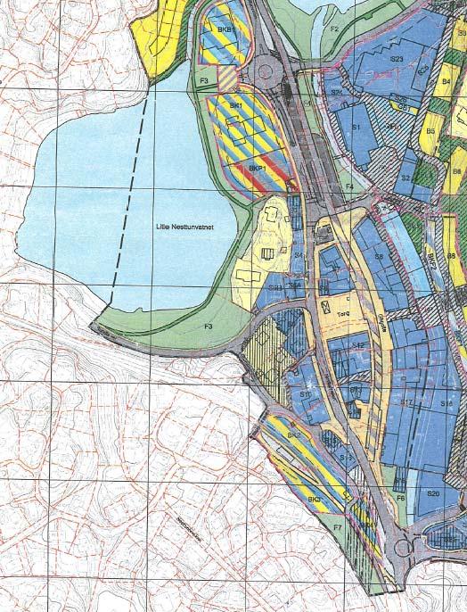 Plankartet til reguleringsplan for Nesttun sentrum viser en mer detaljert beskrivelse for arealbruken i området enn kommuneplanen og kommunedelplanen.