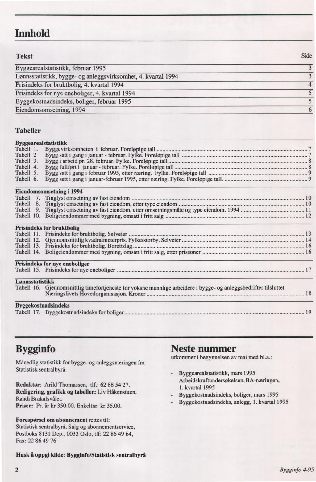 Innhold Side Tekst 3 3 4 5 5 6 Byggearealstatistikk, februar 1995 Lønnsstatistikk, bygge- og anleggsvirksomhet, 4. kvartal Prisindeks for bruktbolig, 4. kvartal Prisindeks for nye eneboliger, 4.