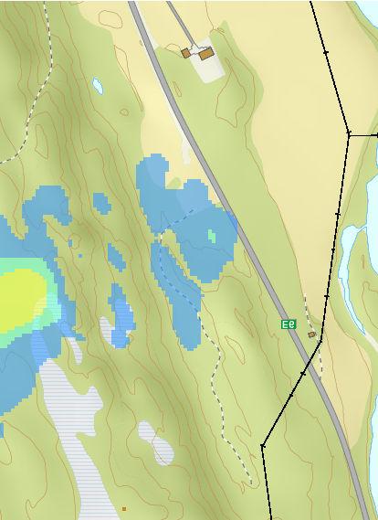 Simulering Skredmoen 2 m snø i løsneområdet: sluttavlagring Snøavlagringstykkelse m.