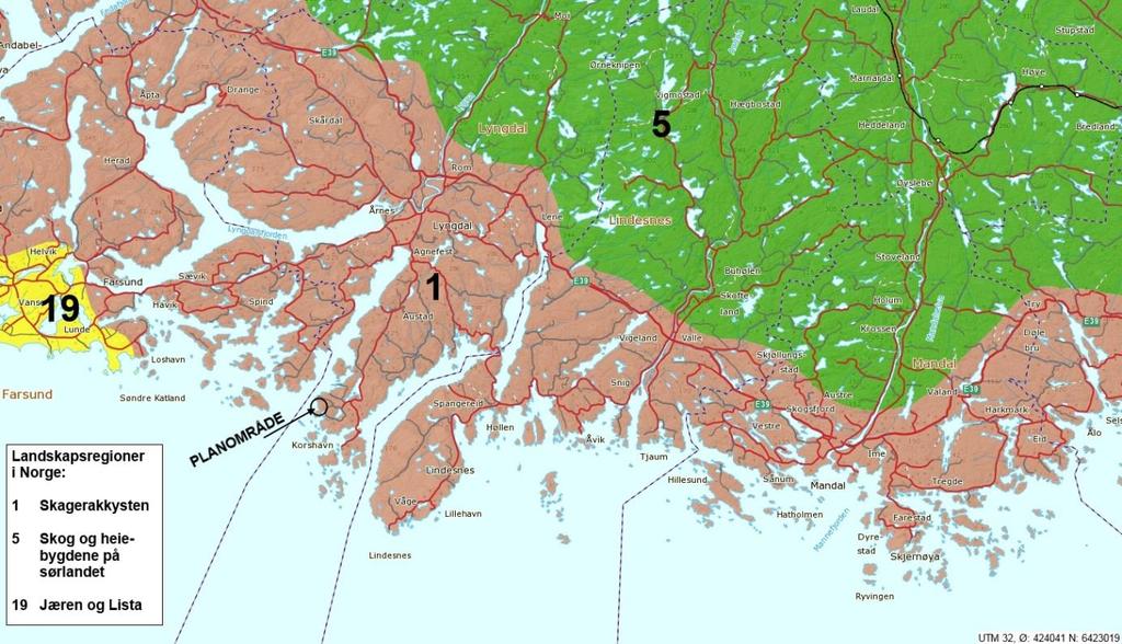 2 Beskrivelse 2.1 Det overordnede landskapet Analyseområdet inngår i landskapsregionen Skagerakkysten. Regionen består av fem underregioner, hvorav planområdet inngår i Lyngdalsfjordane.