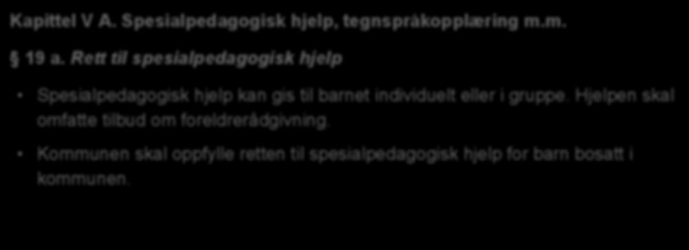 Lov om barnehager (barnehageloven). DEL II Kapittel V A. Spesialpedagogisk hjelp, tegnspråkopplæring m.m. 19 a.