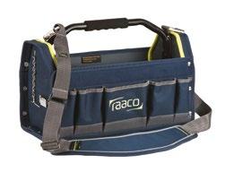 Raaco 20 Toolbag PRO VARETYPE 16" PRO 20" PRO 24" PRO Mål HxBxD mm 264x419x206 285x508x233 324x626x264 Vekt kg 2,2 2,5 3,1 stk kartong 4 2 2 Nobb nr 47438232 47438243