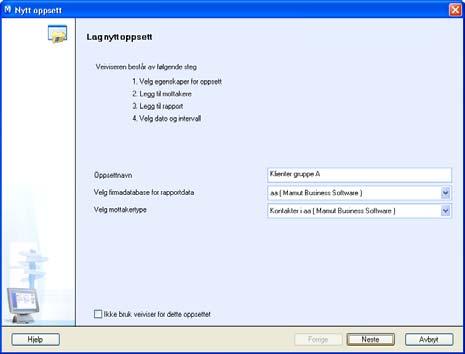 Selv om du ikke vil bruke veiviser, er du nødt til å fylle inn informasjonen her, dette er navn på oppsett, hvilken firmadatabase som skal brukes, samt hvilke type mottakere som skal få rapportene.
