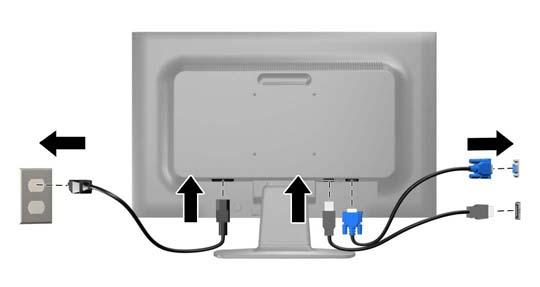 5. Koble den ene enden av strømkabelen til strømkontakten på baksiden av skjermen, og den andre enden til en stikkontakt.
