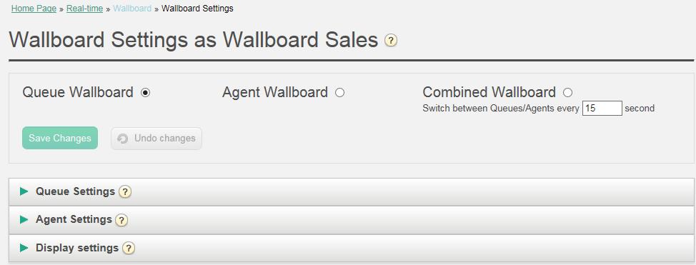 5.6.1 Wallboard-innstillinger Øverst på skjermen kan du velge mellom Kø-wallboard, Agent-wallboard og Kombinert wallboard. Kø-, agent- og visningsinnstillingene er under separate trekkspillmenyer. 5.