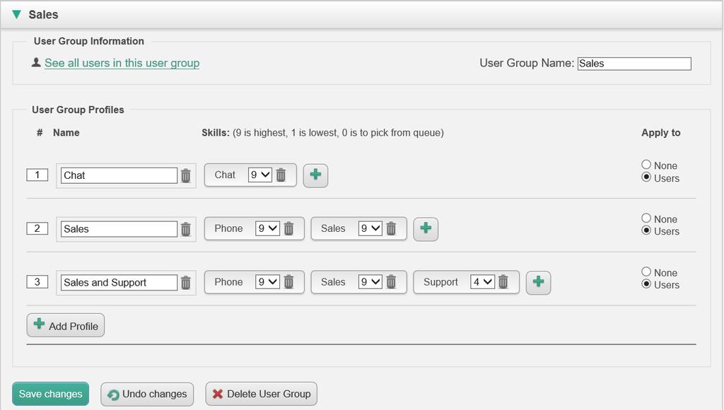 Klikk på Se alle brukere i denne brukergruppen for å se en liste over alle agentene i brukergruppen. Slik oppretter du en ny gruppeprofil: Klikk på Legg til profil og skriv inn et navn på profilen.