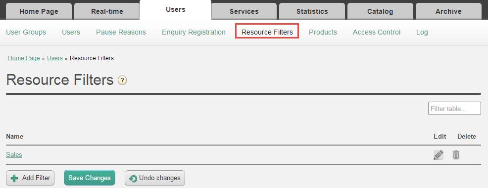 6.5 Ressursfiltre Ressursfiltre er en del av tilgangskontrollen, som gjør det mulig å begrense tilgangen for enkelte brukere eller brukergrupper til elementer fra forskjellige ressurser som køer,