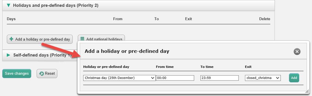Legg til en helligdag: Vær oppmerksom på at du må ta spesielle forholdsregler hvis kontaktsenteret ditt har begrensede åpningstider på en helligdag/forhåndsdefinert dag. Se kapittel Presedenssystemet.