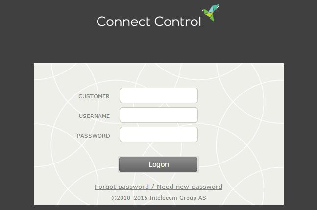 3 Pålogging og passord for Connect Control Hvis du er en administrator eller leder, skal du gå til https://control.intele.com og taste inn ditt kundenummer, brukernavn og passord.
