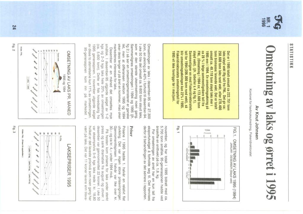 STATISTIKK Omsetning av laks og ørret i 1995 Av Knut Johnsen Kontoret for havbruksutredning, Fiskeridirektoratet Det er i 1995 totalt omsatt ca 222.751 tonn laks sløyd vekt iflg tall fra FNl.