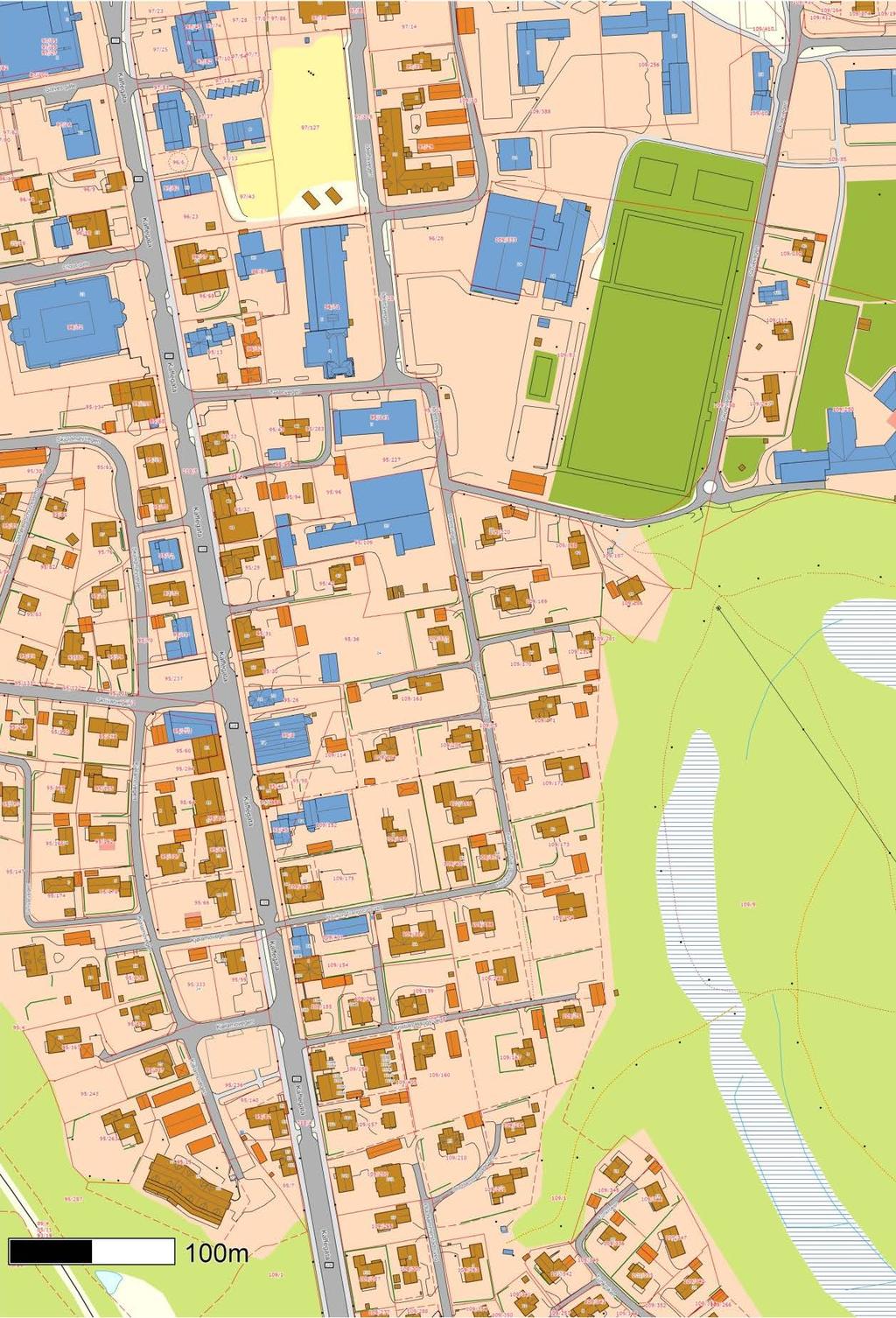 4 Beskrivelse av planområdet, eksisterende forhold VG skole Butikk/ service Butikk/ service Forsamlings lokale Parkering Idrettsplass Butikk/ service B.