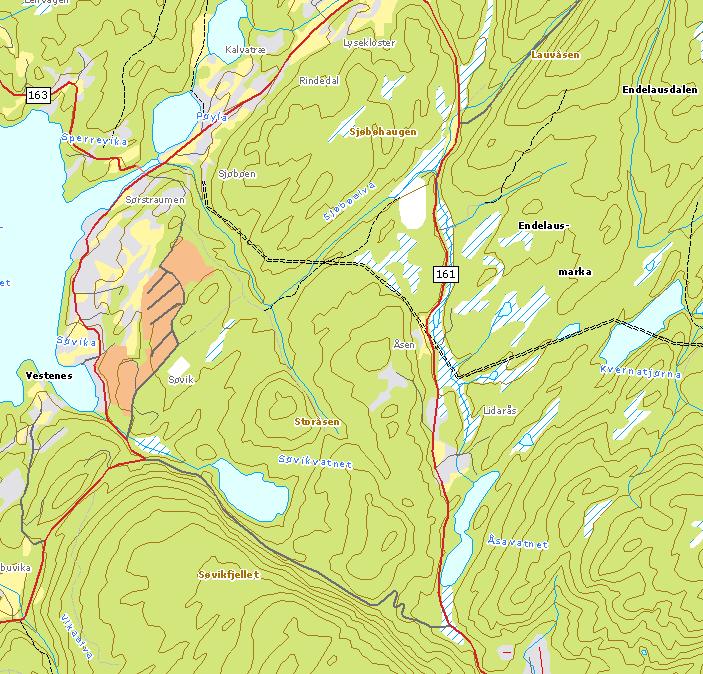 Sjøbøelva Bane 17 Bane 18 Figur 3: Sjøbøelva, avmerket med tykk blå strek, definert som viktig bekkedrag med rødlistearter.